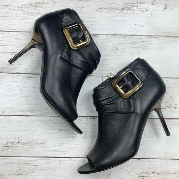 Burberry Sharnford Ankle Boots Open Toe Booties Buckle Leather Heels 38 1/2 - Picture 1 of 16